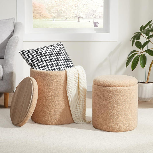 Boucle Round Ottoman with Storage Set of 2,Small Foot Stool Ottoman for Living Room, Small Coffee Table,Vanity Stool with Storage for Bedroom, Beige