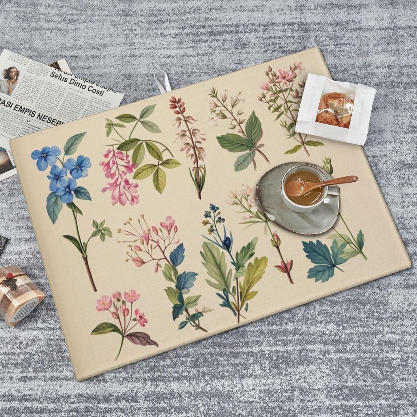 Vintage Plants Herbs Floral Dish Drying Mat Highly Absorbent Double-Sided Microfiber with Hanging Loop Reversible Drain Dish Rack Mat Drain Mat Suitable for Kitchen Countertop Coffee Bar 18 x 24 Inch