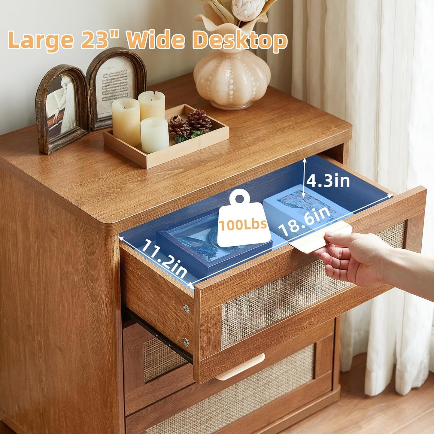 LEYAOYAO Rattan Night Stand Set of 2 with Drawers, 23" Large 3 Drawer Boho Nightstand, Natural Wood Bedside Table Storage Cabinet, Bed Side End Tables Dresser for Bedroom, Living Room, Hallway, Closet