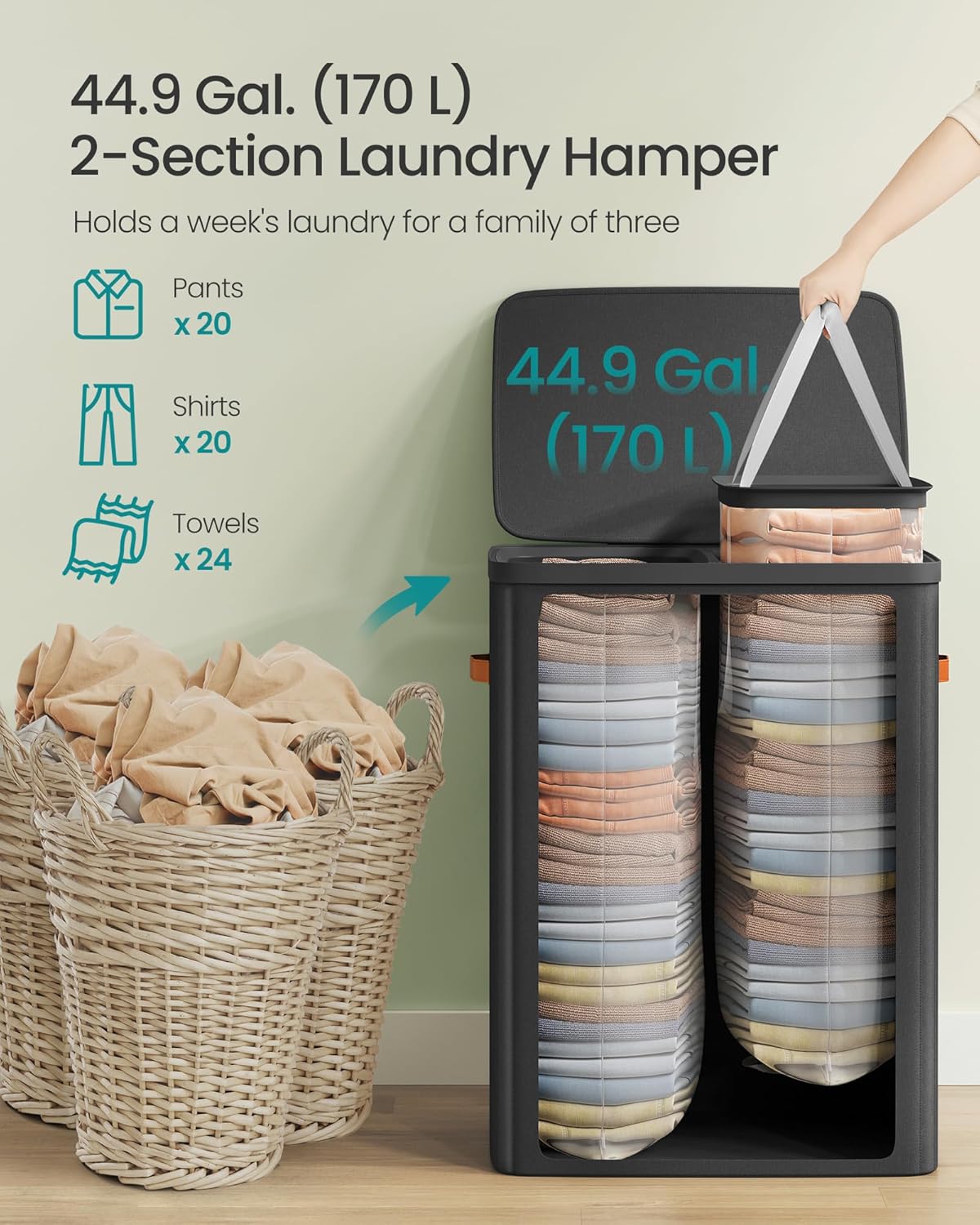 SONGMICS Laundry Basket, 44.9 Gal. Laundry Hamper, 2 Compartments, Easy Assembly, with Lid and Handles, Removable Liners, 22 x 15.7 x 29.5 Inches, Ink Black ULCB813B01