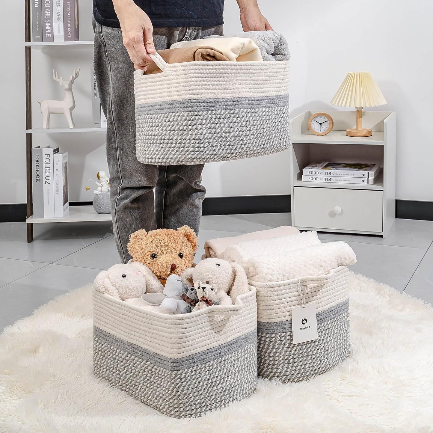 Medium and Large Woven Basket//With Handle, Used for Toys and Fabric Storage Basket used for Storing xl Storage Box, Decorative Storage Box Room 2pack (14L*10W*8.6H White/Gray, 14Lx10Wx8.6H)