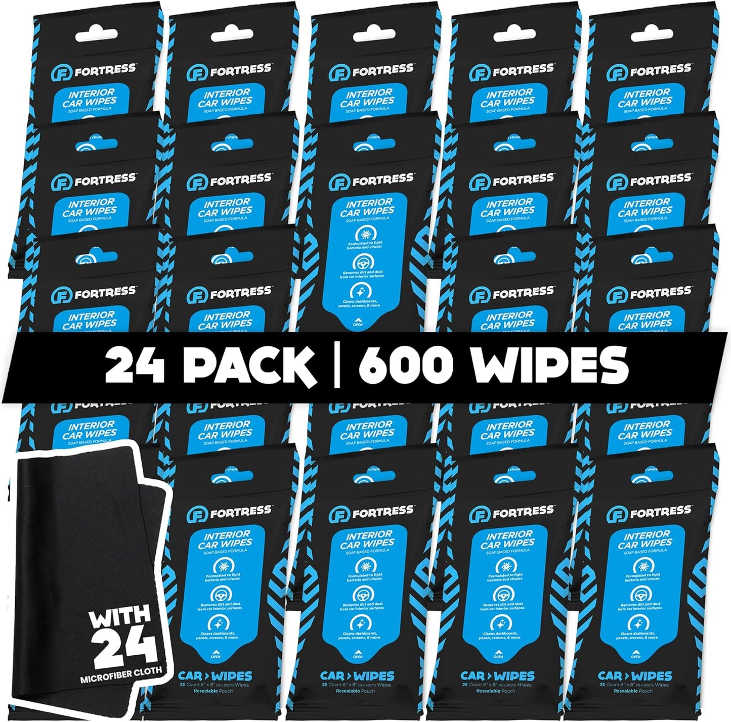 Fortress Car Interior Wipes with Microfiber Cloth (25 ct, Pack of 24) for Car Interior Cleaning, Dashboard, Seats, Detailing, and Steering Wheel [Travel Size] Skin-Safe Car Interior Cleaner Supplies