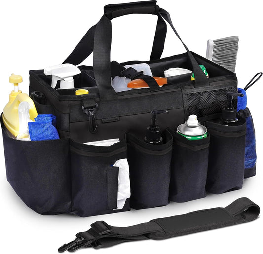 Large Cleaning Supplies Bags for Housekeepers, Professional Wearable Cleaning Supply Caddy for House Cleaners Detail Car Cleaning Supplies Organizer Tote with Handle, Black