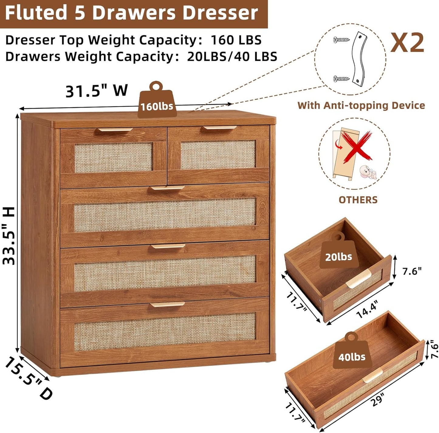 LEYAOYAO Rattan Dresser for Bedroom Set of 2, 33.5" Tall Chest of Drawers, Modern 5 Drawers Boho Dressers with Storage, Vintage Brown Dresser Wooden Closet Organizer for Living Room, Hallway