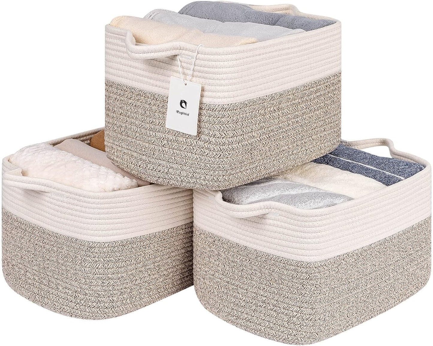 Medium and Large Woven Basket//With Handle, Used for Toys and Fabric Storage Basket used for Storing xl Storage Box, Decorative Storage Box Room 2pack (14L*10W*8.6H White Brown, 14Lx10Wx8.6H)