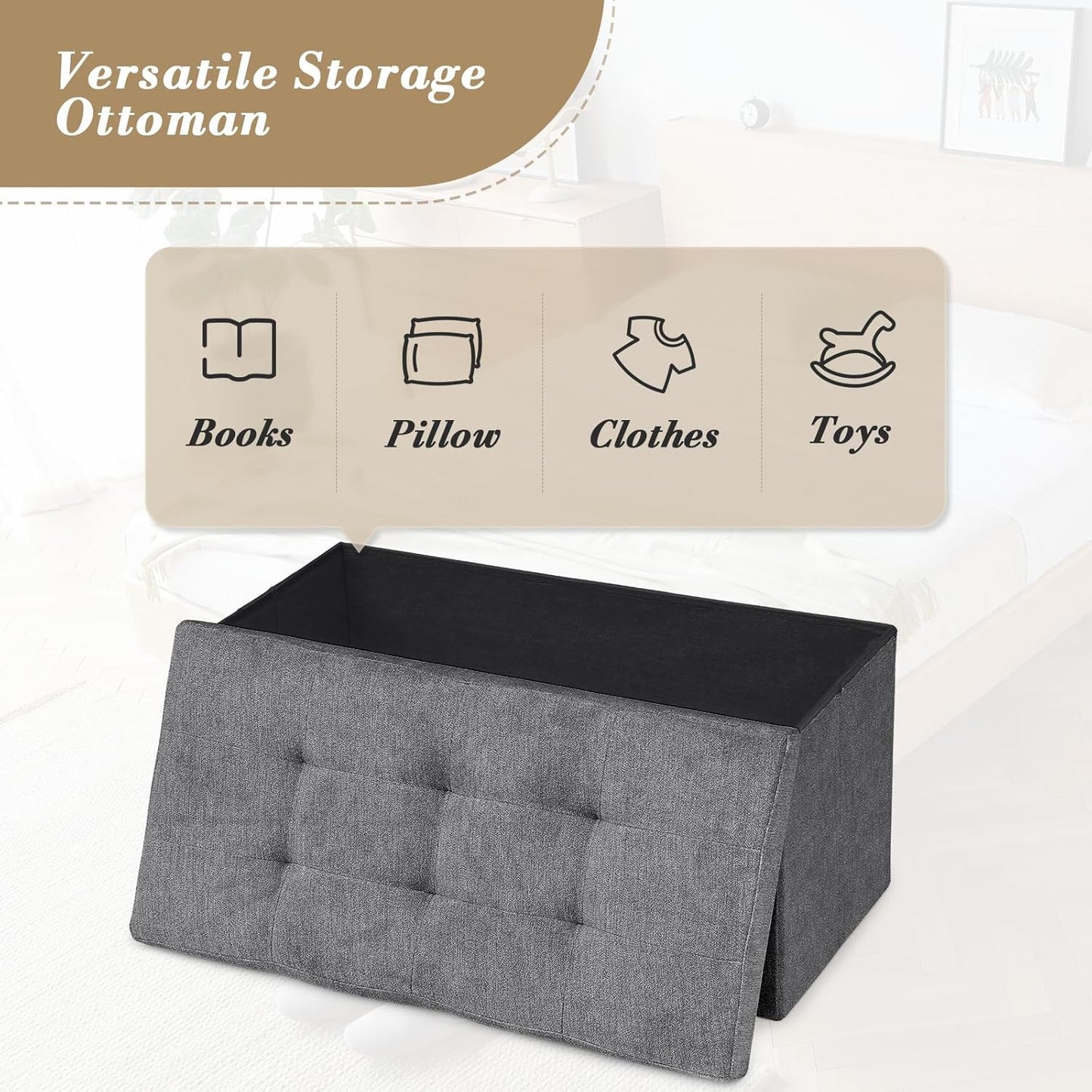 Athena Collection 30" Storage Ottoman Bench Folding Bench with 90L Hidden Storage, Large End of Bed Bench Linen Foot Rest Stool Chest with Flipping Lid for Living Room, Bedroom, Entryway, Dark Gray