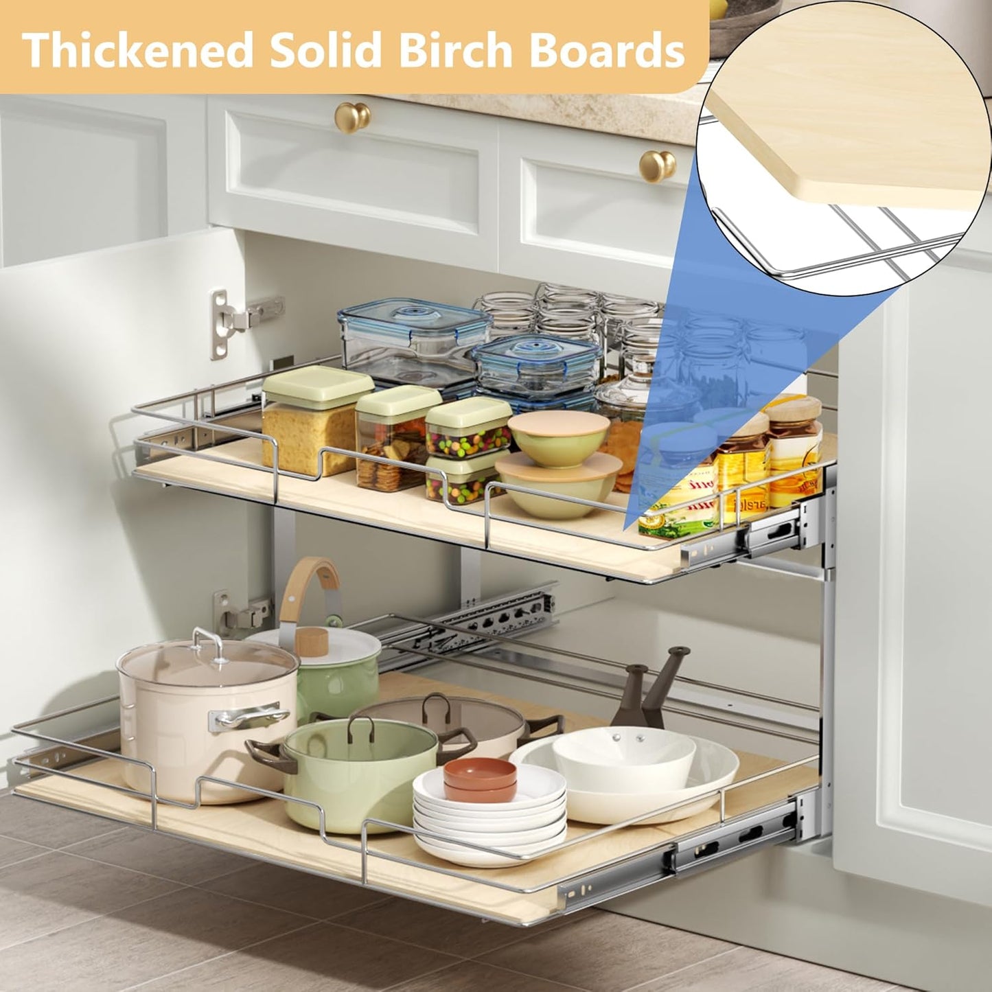 ROOMTEC 2 Tier Individual Pull Out Cabinet Organizer 31½"W x 21½"D, Slide Out Wood Shelves Organizers, Pull Out Drawers Organization and Storage for Kitchen Cabinet