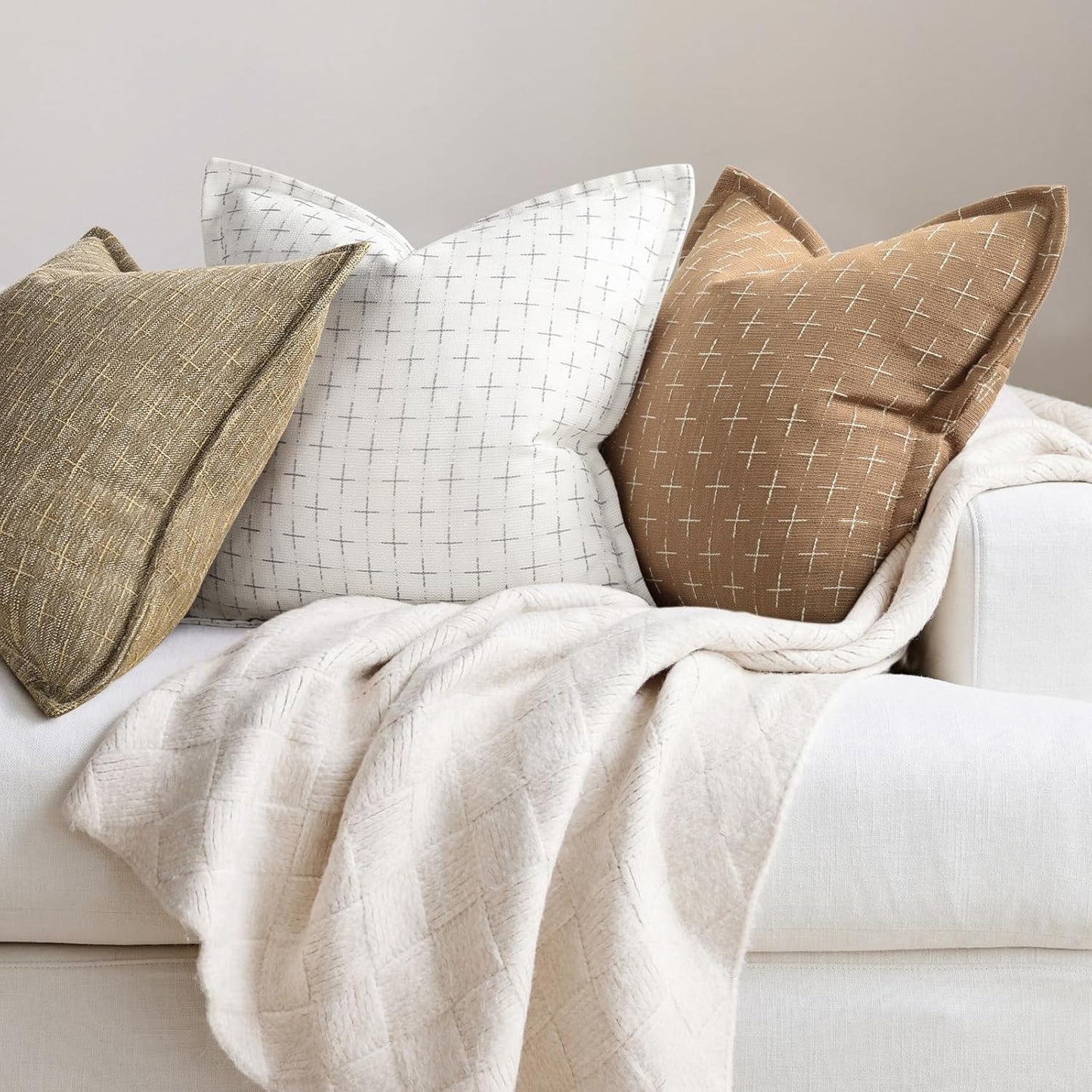 ZWJD Throw Pillow Covers 16x16 Set of 2 Soft Polyester Textured Pillow Covers with Stylish Flange Edge Cozy Farmhouse Throw Pillows for Couch Bed Sofa Living Room