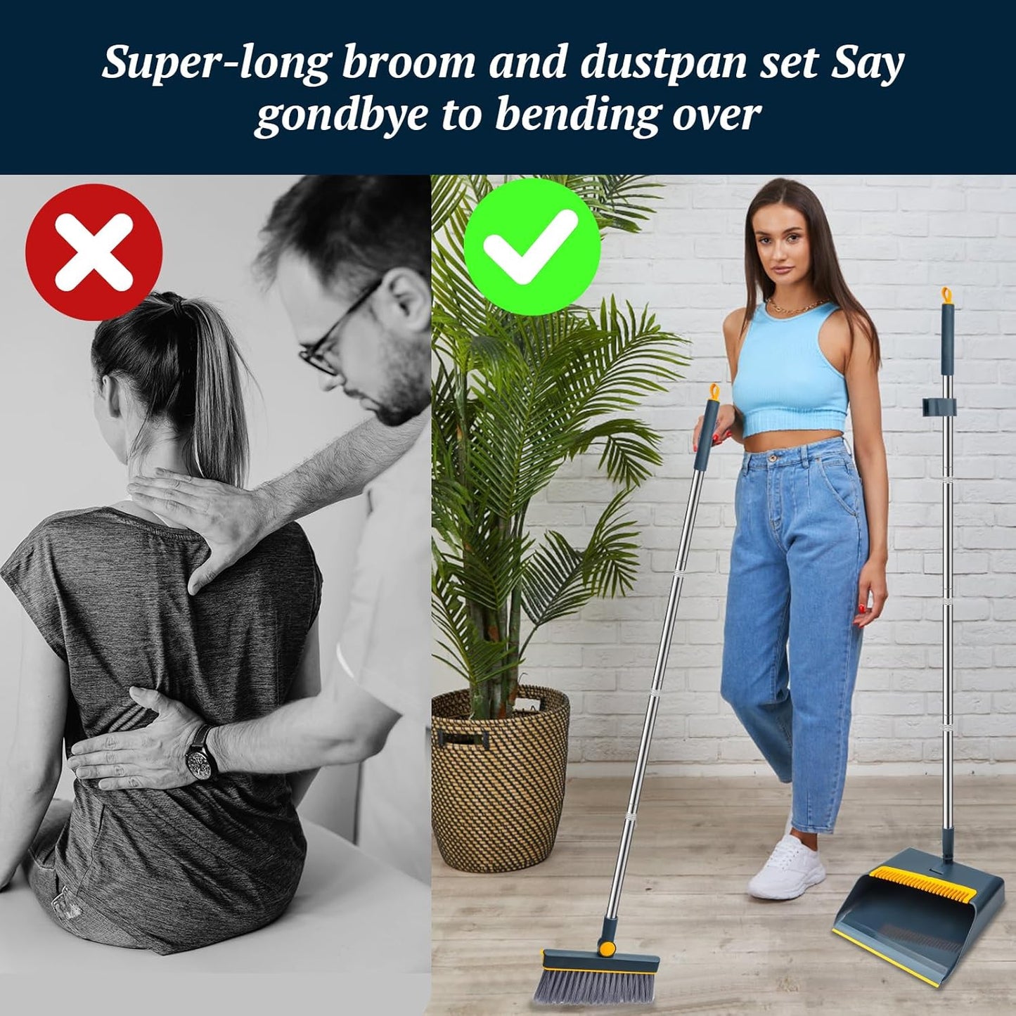 Long-Handled Broom and Dustpan Set, Windproof Broom Combination, 180-degree Rotating Brush Head with Upright Dustpan, Suitable for Indoor and Outdoor Cleaning. (Blue)