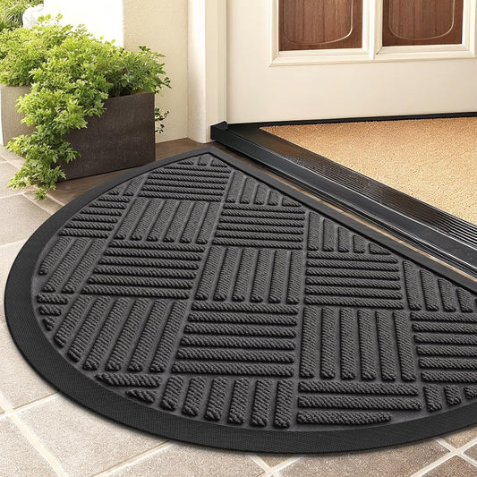 Smiry Half Circle Front Door Mat Outside Entrance, Heavy Duty Outdoor Indoor Natural Rubber Doormat, Non Slip, Trap Dirt and Moisture, Easy Clean, Low Profile Patio Porch Entryway Mat, 29.5x17, Grey
