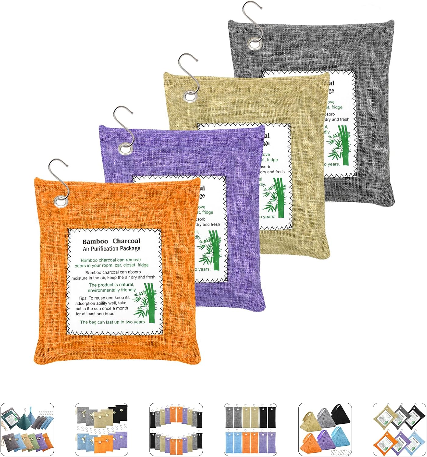 Bamboo Charcoal Bags Odor Absorber 4 Pack×500g Bamboo Charcoal Air Purifying Bags, for Car Air Fresheners, Odor Eliminator for Home，Shoe Deodorizer - Colorful-Activated Charcoal Odor Absorbers