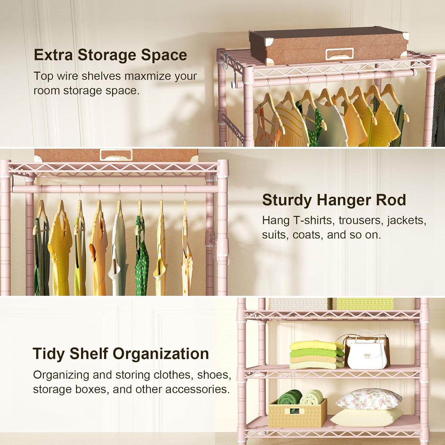 Ulif E1 Heavy Duty Closet Garment Rack, 6 Tiers Adjustable Metal Freestanding Expandable Clothing Storage with 4 Hanger Rods, Easy to Assemble Wardrobe, 71.4" H x (70" - 88.2") L x 14" D, Pink