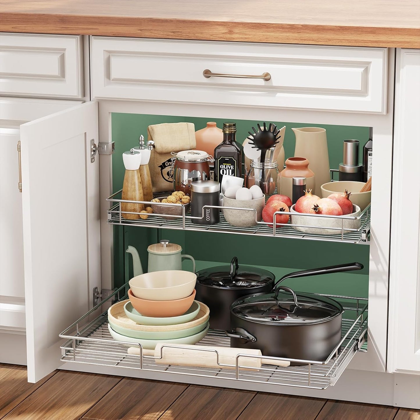 LOVMOR 2 Tier 28½"W x 21½"D, Individual Pull Organizer Kitchen Cabinet Storage Sliding Shelves