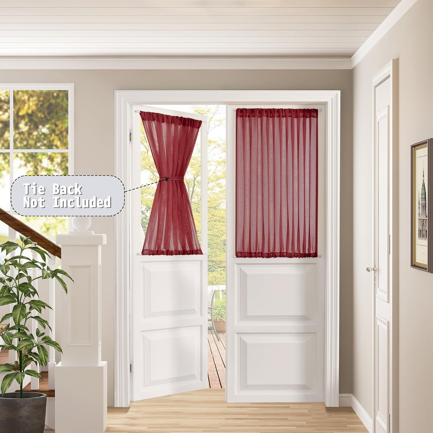 Tollpiz Sheer Door Curtains Closet Linen Textured Curtain Sheers Doorway Light Filtering Voile French Door Rod Pocket Curtains Patio Glass Door, 54 x 63 inches Long, Burgundy Red, Set of 1 Panel