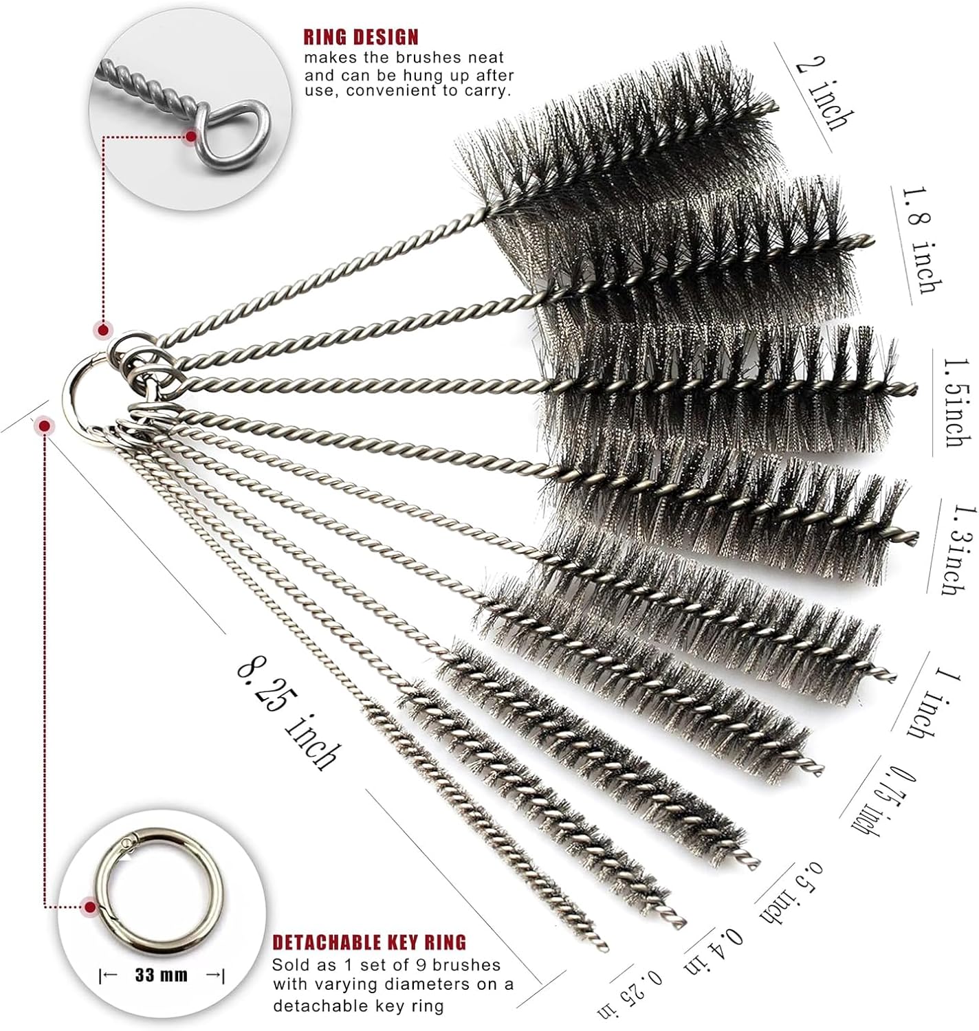 Pipe Cleaning Brush Set Stainless Steel Bristles, Stainless Steel Pipe Brush Steel Bottle Brush 9 Piece Variety Pack for Auto Parts, Bottles, Tubes, Etc.