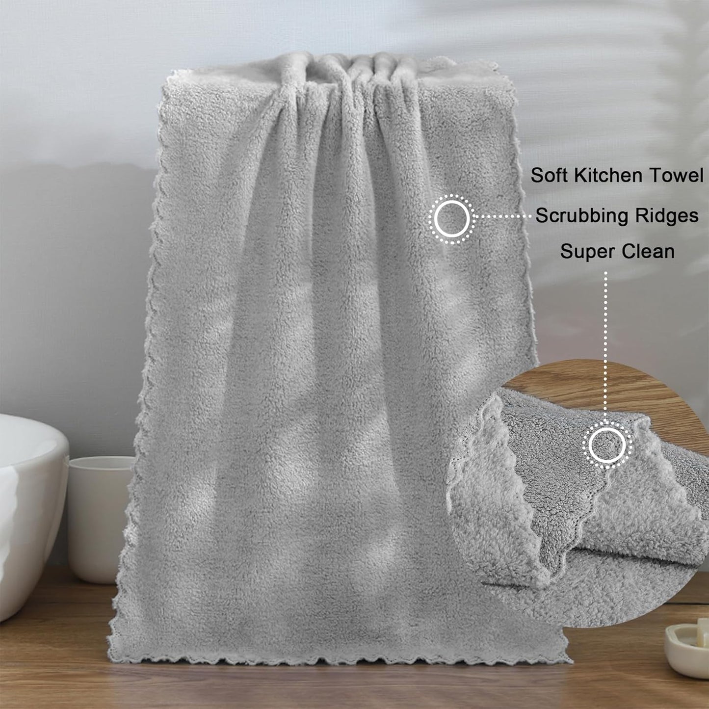 kimteny Kitchen Cloth Dish Towels, 13x28 Inches Premium Dishcloths, Super Absorbent Coral Velvet Microfiber Cleaning Cloths, Fast Drying Rags for Washing Dishes (13x28-6 Pack, Grey)