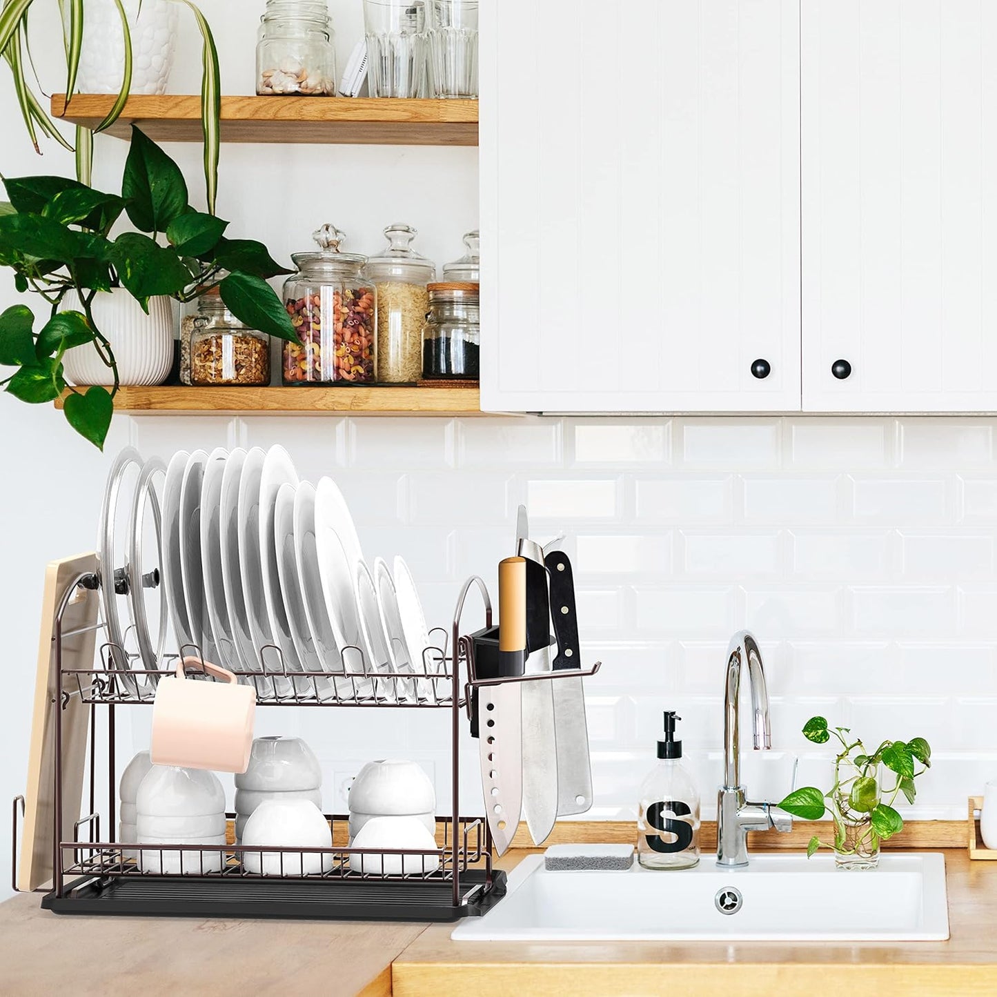 SIMPLE HOUSEWARE 2-Tier Dish Rack with Drainboard, Bronze