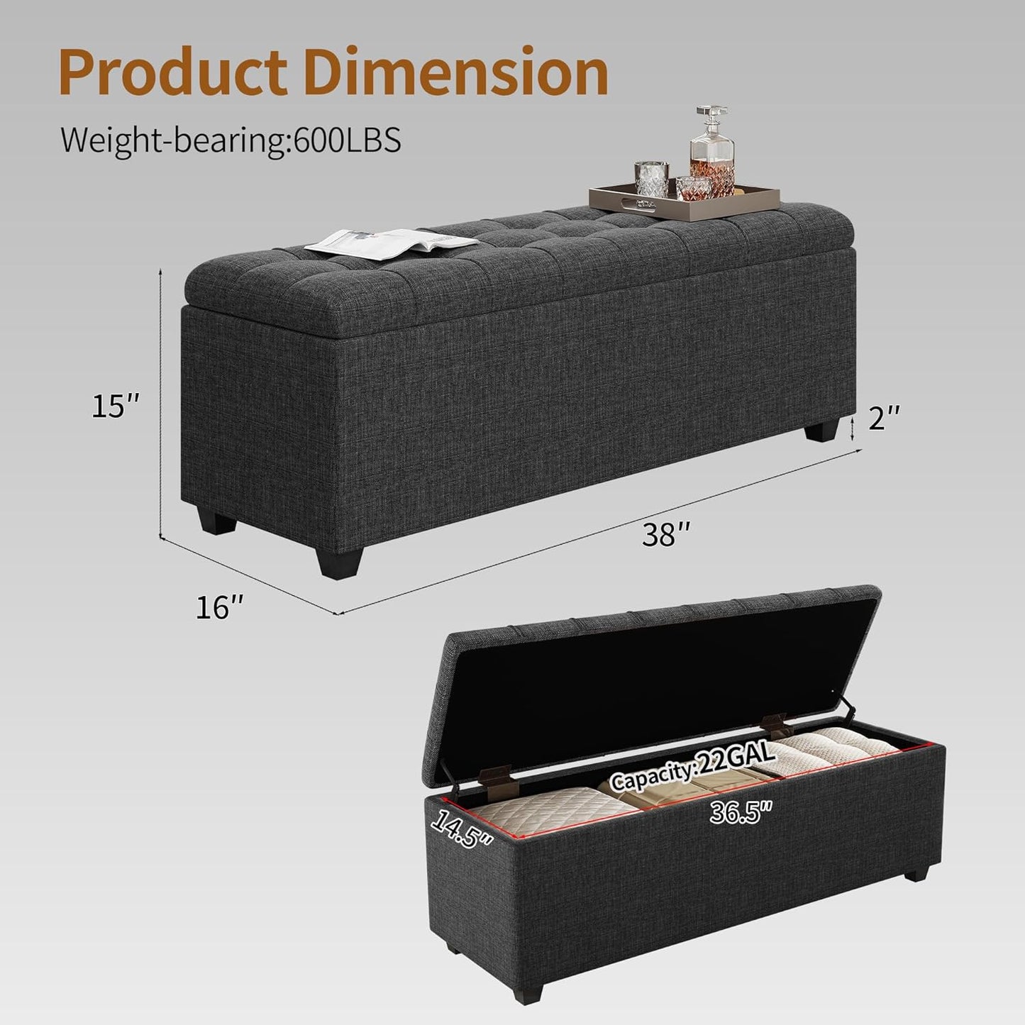 Ottoman with Storage 38 inches, Furniture End of Bed Storage Benches, Long Ottomans Bench with hinged lid, Bench seat Trunk for Foot Rest in Bedroom, Living Room (Dark Grey)