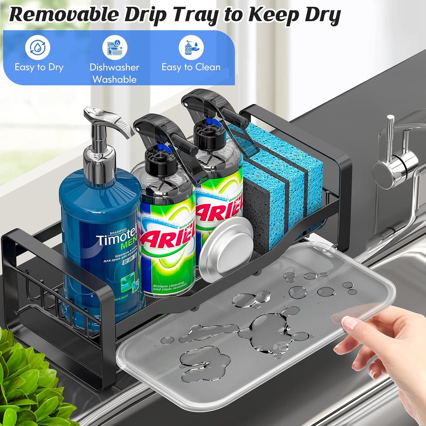 Sink Caddy Sponge Holder,Sponge Holder for Kitchen Sink,Kitchen Sink Organizer for Soap Brush Dispenser,Countertop Sink Caddy Organizer with Removable Drain Tray