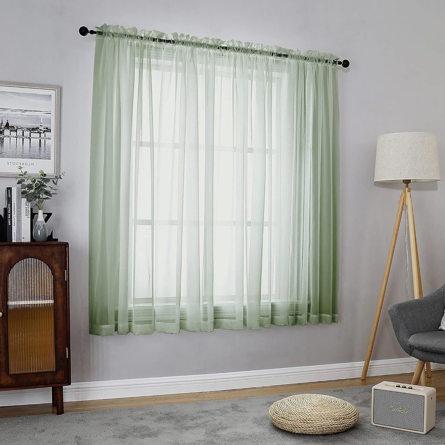 Chyhomenyc Sage Green Sheer Curtains 63 Inch Length 2 Panels, Light Filtering Airy Breathable Rod Pocket Voile Window Drapes for Bedroom Living Room, Each 42x63 Inch，Set of 2
