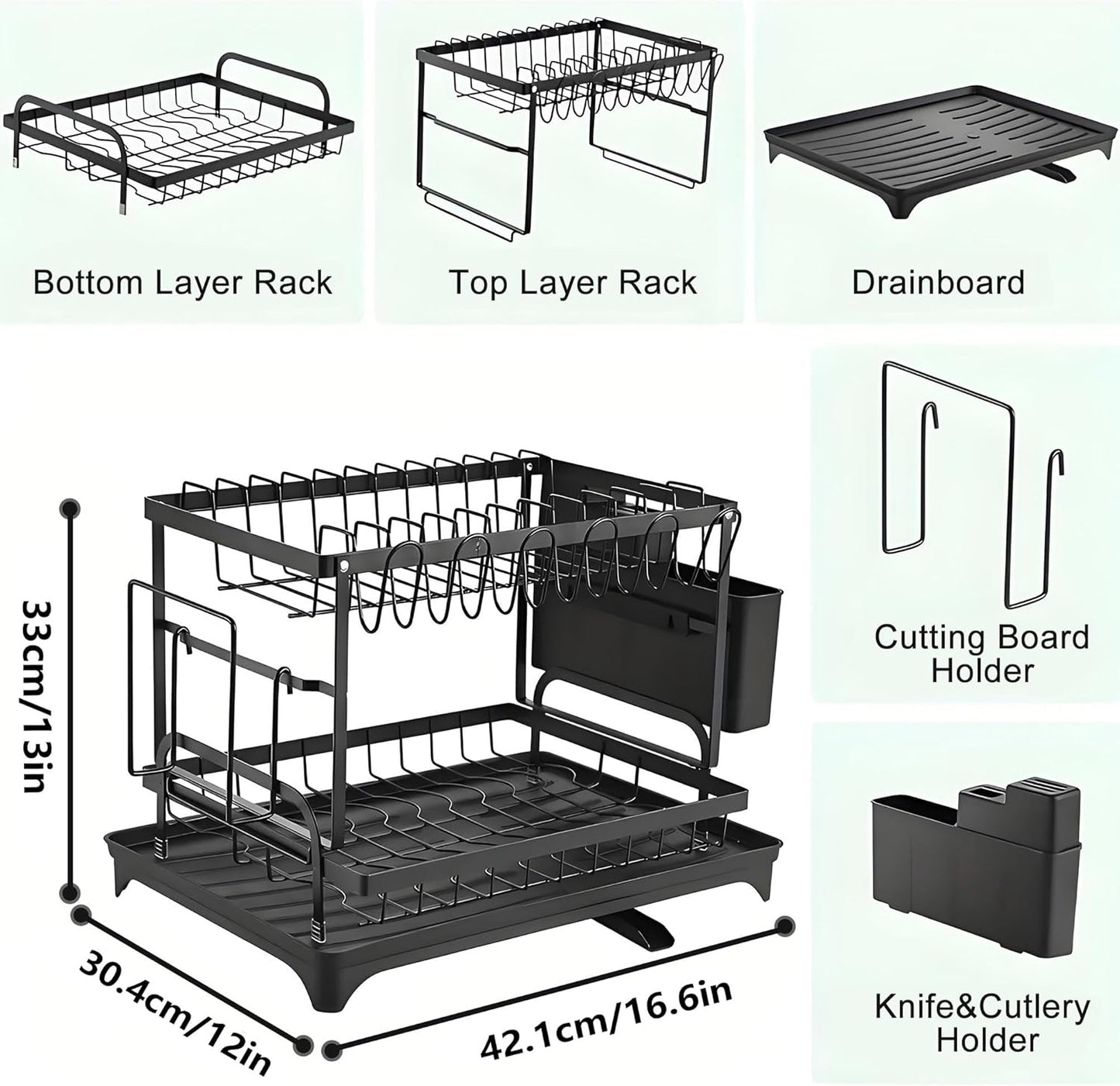Dish Drying Rack-Dish Rack for Kitchen Counter, 2-Tier Kitchen Organizers and Storage Rack with Drainboard and Cutlery Holder, Large 1 Pack Carbon Steel