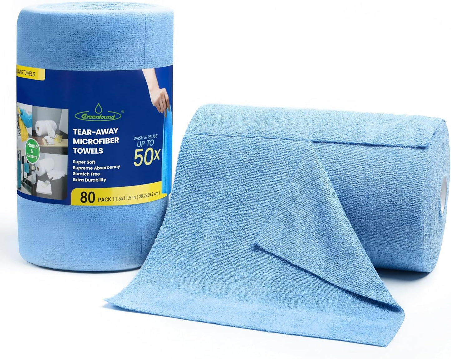 Greenfound Microfiber Cleaning Cloth Roll -80 Pack, 11.5x11.5, Tear Away Towels, Reusable and Washable Rags, Blue