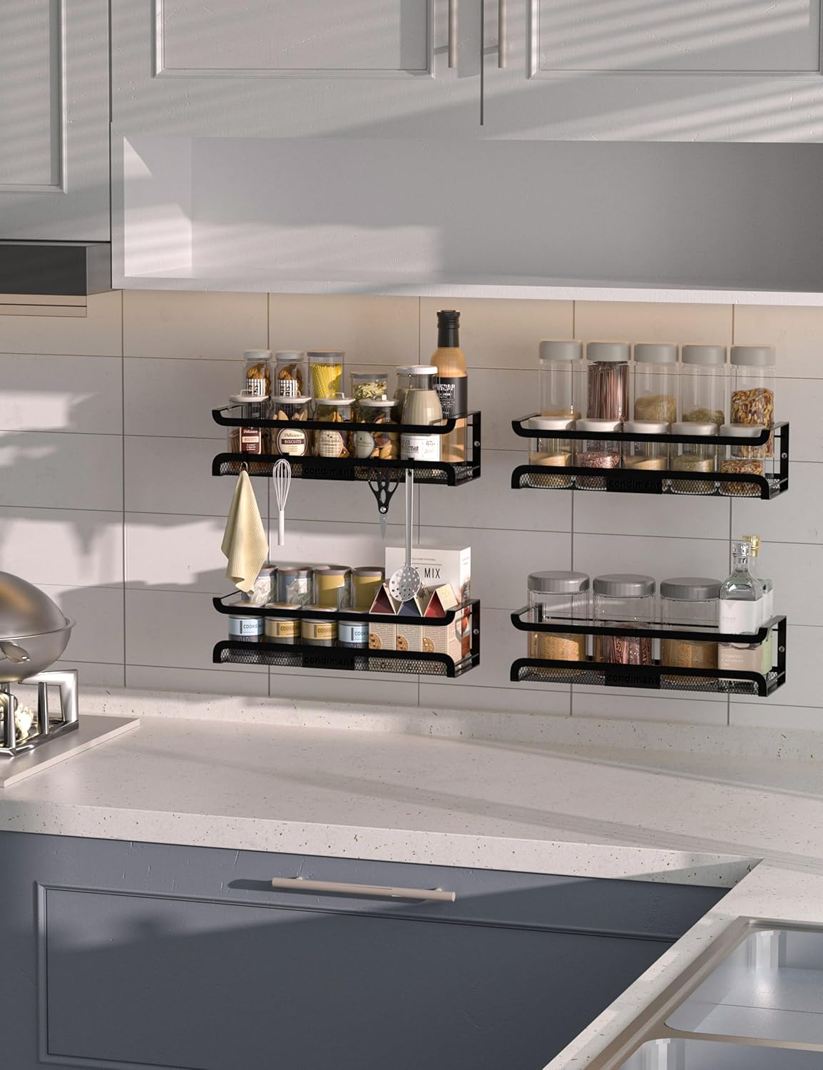 Spice Rack Wall Mount with Hooks - Spice Racks Organizer for Cabinet Storage, Wall Mounted Hanging Shelf Seasoning Organizer, for Kitchen, Pantry Door, Bathroom (Black, 4 Pack)