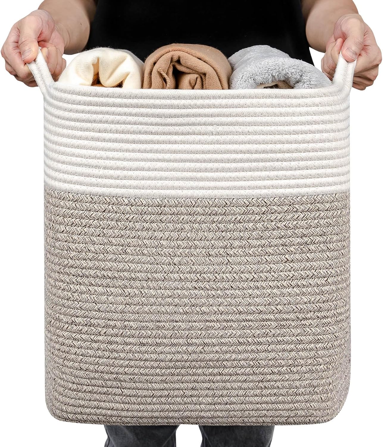 Medium and Large Woven Basket//With Handle, Used for Toys and Fabric Storage Basket used for Storing xl Storage Box, Decorative Storage Box Room (14L*15.7H WWhite Brown, 14L*10W*15.7H)