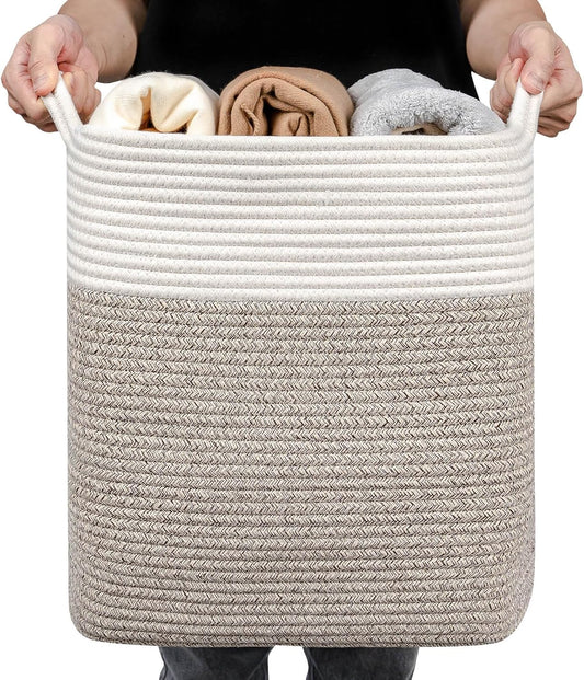 Medium and Large Woven Basket//With Handle, Used for Toys and Fabric Storage Basket used for Storing xl Storage Box, Decorative Storage Box Room (14L*15.7H WWhite Brown, 14L*10W*15.7H)