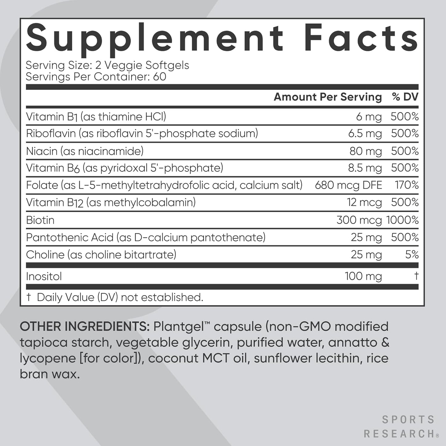 Sports Research® Vitamin B-Complex - Full Spectrum of B Vitamins with Methylated B12 & Folate - Gluten Free · Plant-Based · Non-GMO · Vegan-Friendly Formula - 120 Veggie Softgels