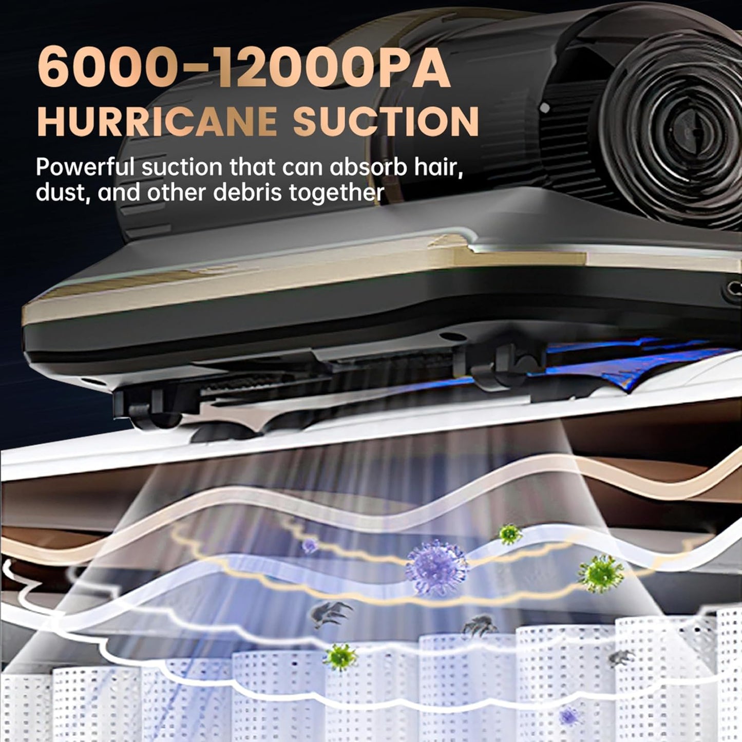 PATO Mattress Vacuum Cleaner, Wireless Handheld Bed Vacuum Cleaner With UV-C Light, HEPA Filter and Ultrasonic Vibration, 12KPa, Suitable for Beds, Sofas, Car Seats, Carpets (golden)