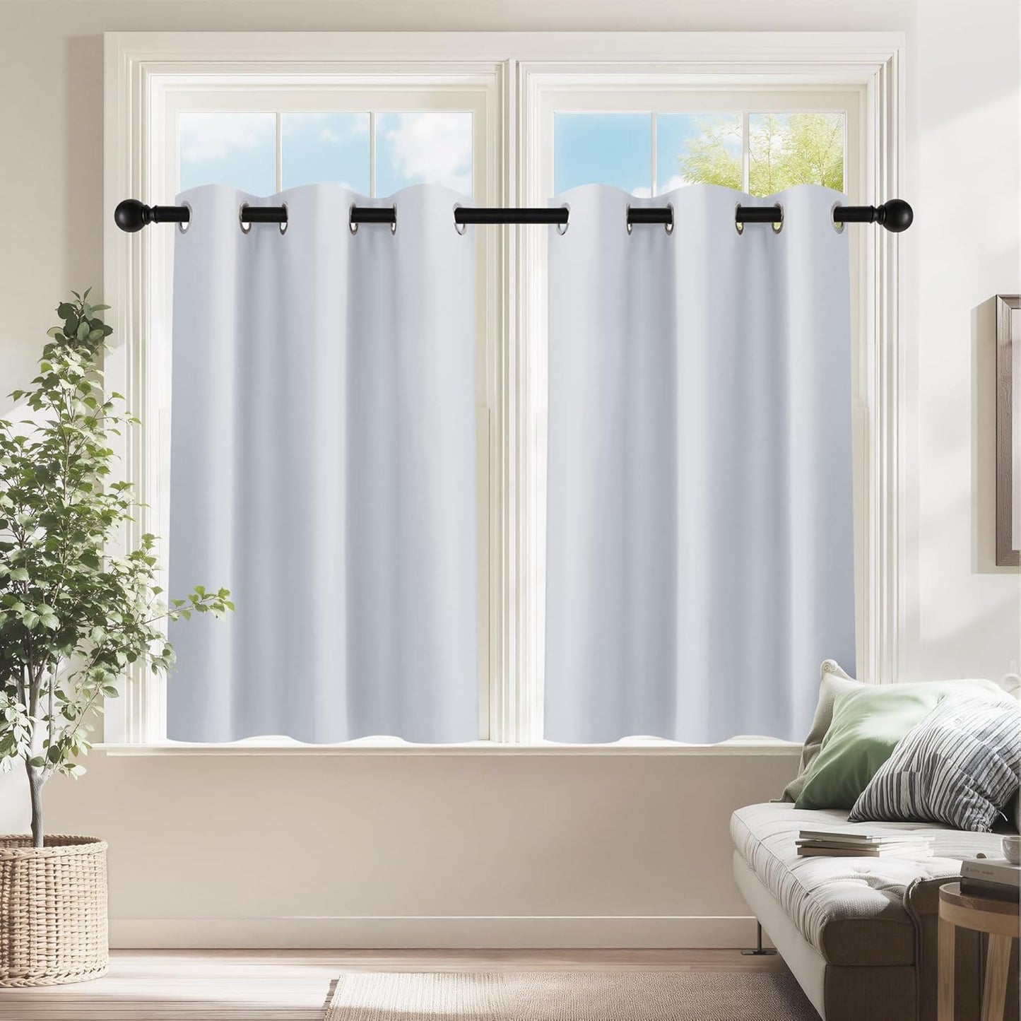 PONY DANCE Greyish White Room Darkening Kitchen Curtains 2 Panels Set,Thermal Insulated Small Window Treatment Heavy Duty Privacy Tiers for Laundry Bedroom Bathroom(2 Panels, W 42 x L 36 inches)
