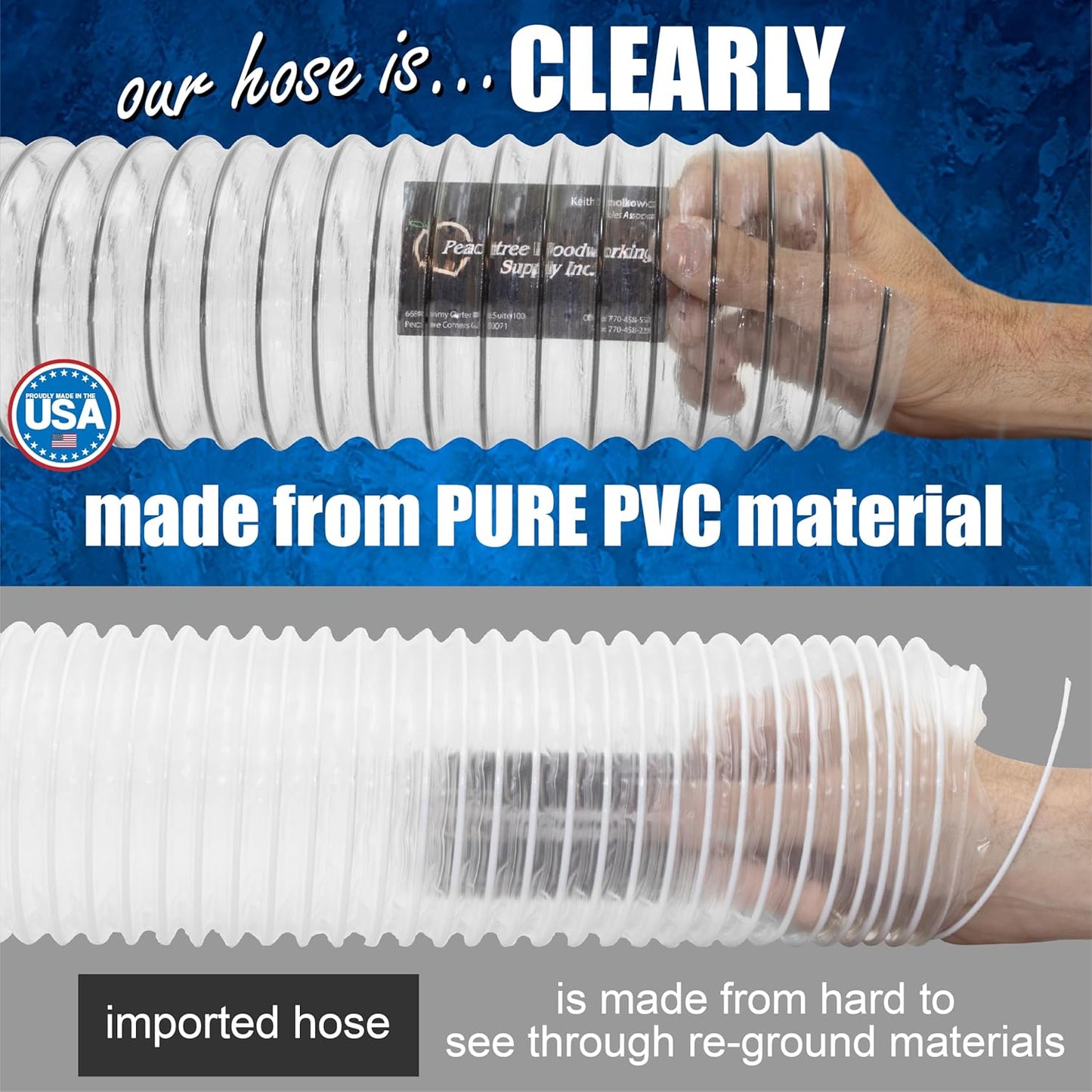 PVC Dust Collection Hose w/4 Thumbscrew Clamps, Puncture Resistant, Carbon Steel Wire, Clear Flexible PVC Dust Collector Hose, Proudly Made in USA (2 1/2" x 20')