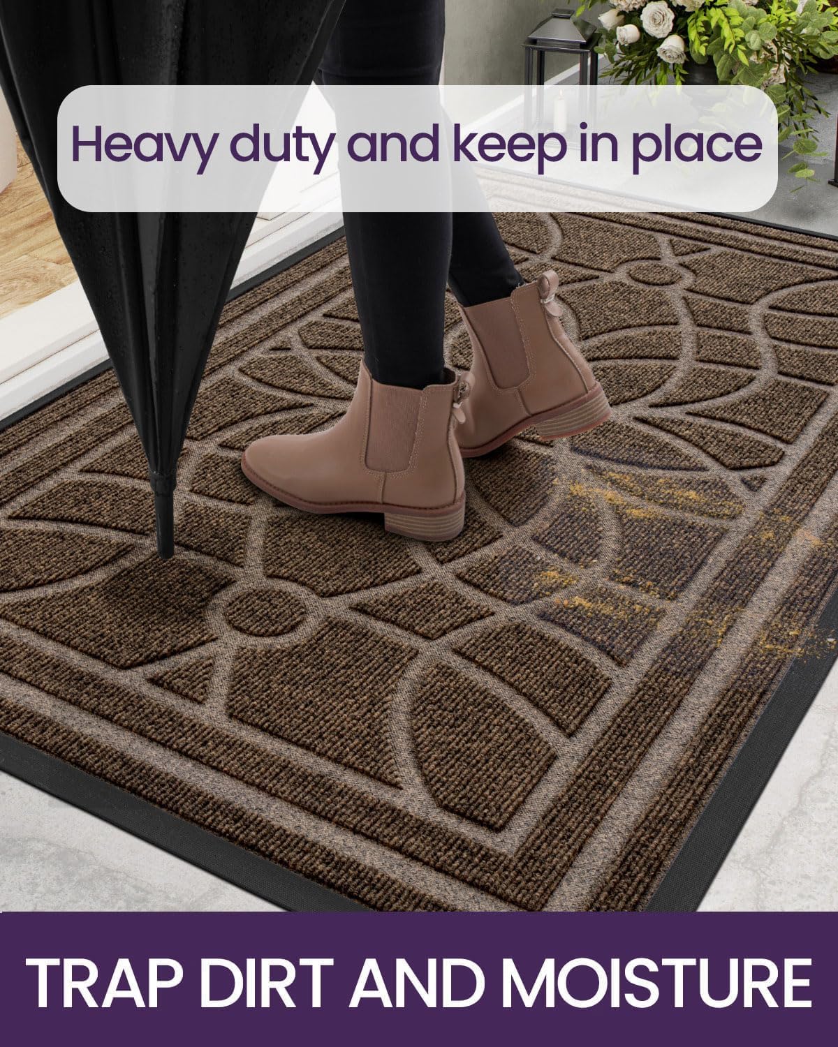 DEXI Front Door Mat Outside Entrance, Heavy Duty Non Slip Low Profile Doormat for Entryway, Trap Dirt and Moisture Welcome Mats, Easy Clean, Patio, Garage, 3x2, Brown