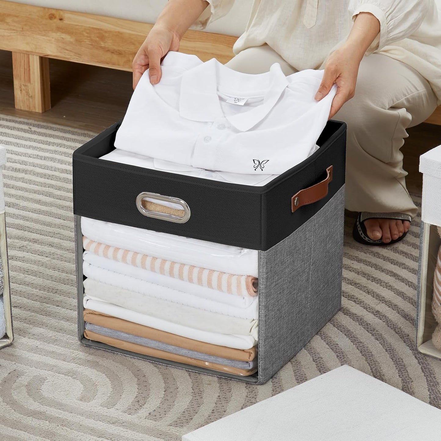 Fabric Storage Cubes with Clear Windows and Lids 11'' Foldable Storage Bins with 3 Handles, Decorative Storage Boxes for Home, Bedroom, Closet, Office (Black&Gray)