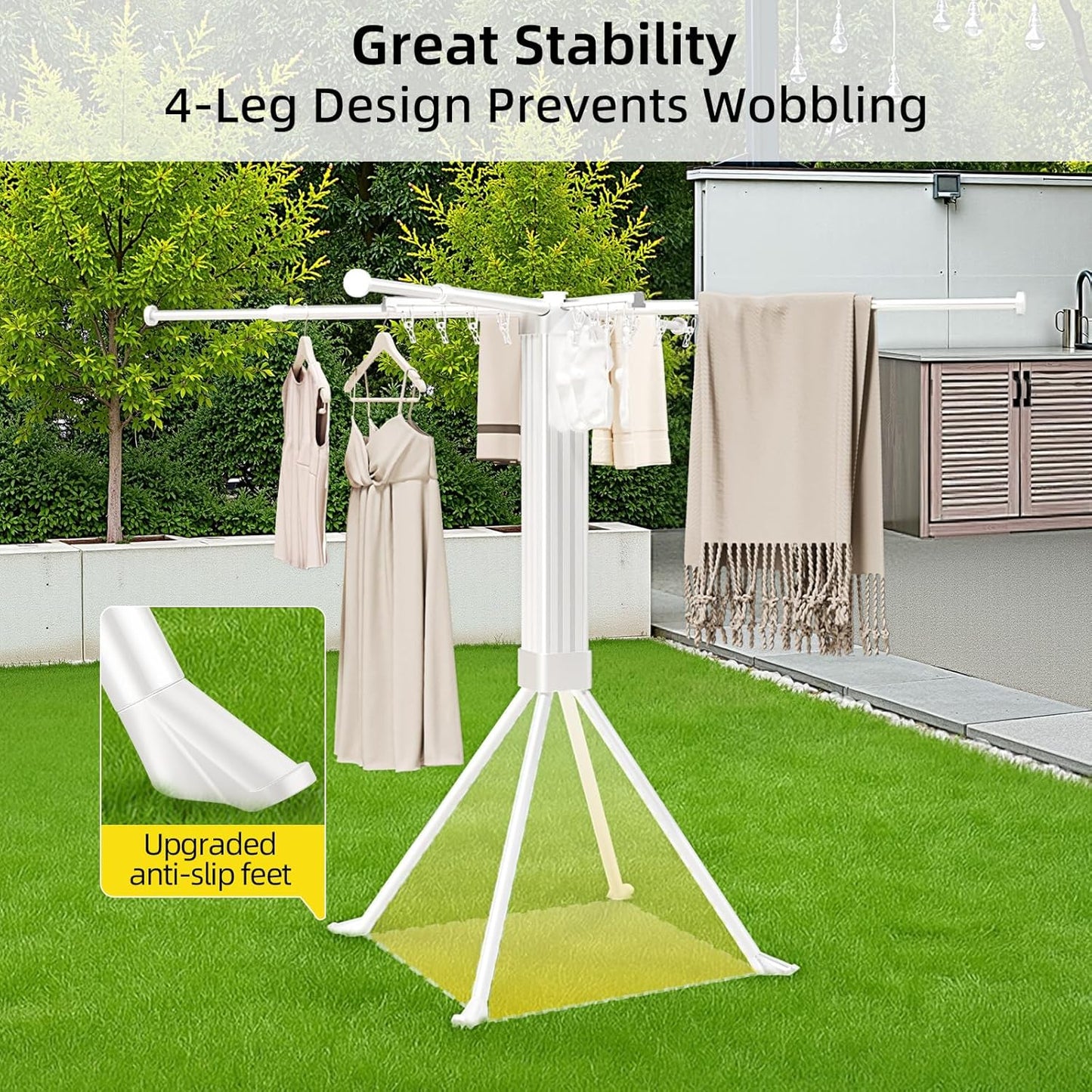 BIREN Clothes Drying Rack Foldable Extending Laundry Rack with 16 Clips Collapsible Clothing Rack Space-Saving Clothing Racks for Hanging Clothes, Indoor, Camping, Balcony, Outdoor