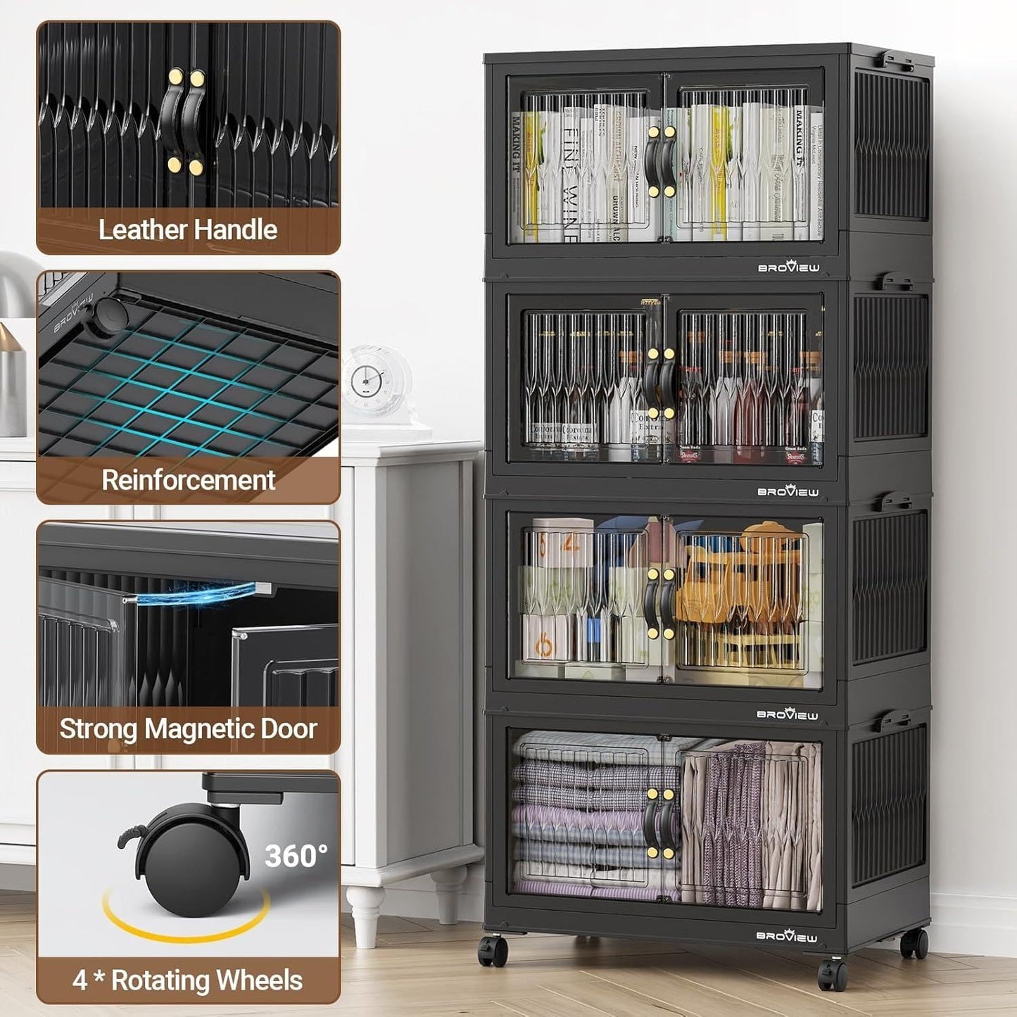 BROVIEW 240Qt Stackable Storage Bins with Lid, Extra Large Closet Organizer Collapsible Drawer Boxes with Wheels, Folding Plastic Cabinet Containers for Home Kitchen Room Organization, 3Pack Black