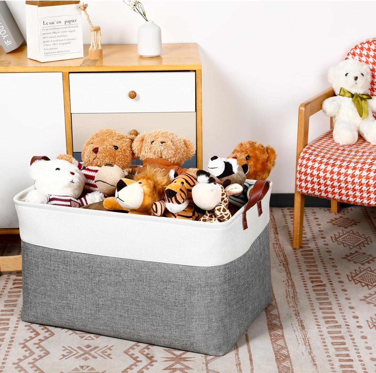 DULLEMELO Extra Large Storage Basket for Organizing, 70L Oversized Storage Bin Foldable Canvas Fabric Blanket Basket, 22" x 15" x 13" Large Kids Toy Basket Organizer with Handles (White&Grey)