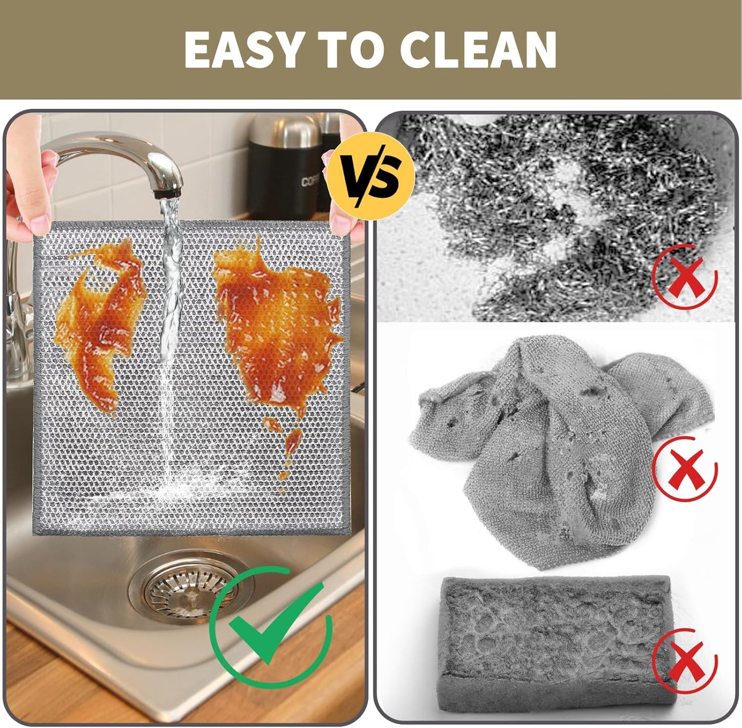 2 in 1 Stainless Steel Scrubber & Microfiber Cleaning Cloth, 10 Pack Towel & Steel Scrub Cloth for Pans, Dishes, Countertops, Reusable Non-Scratch Cleaning Pad for Kitchen Sink