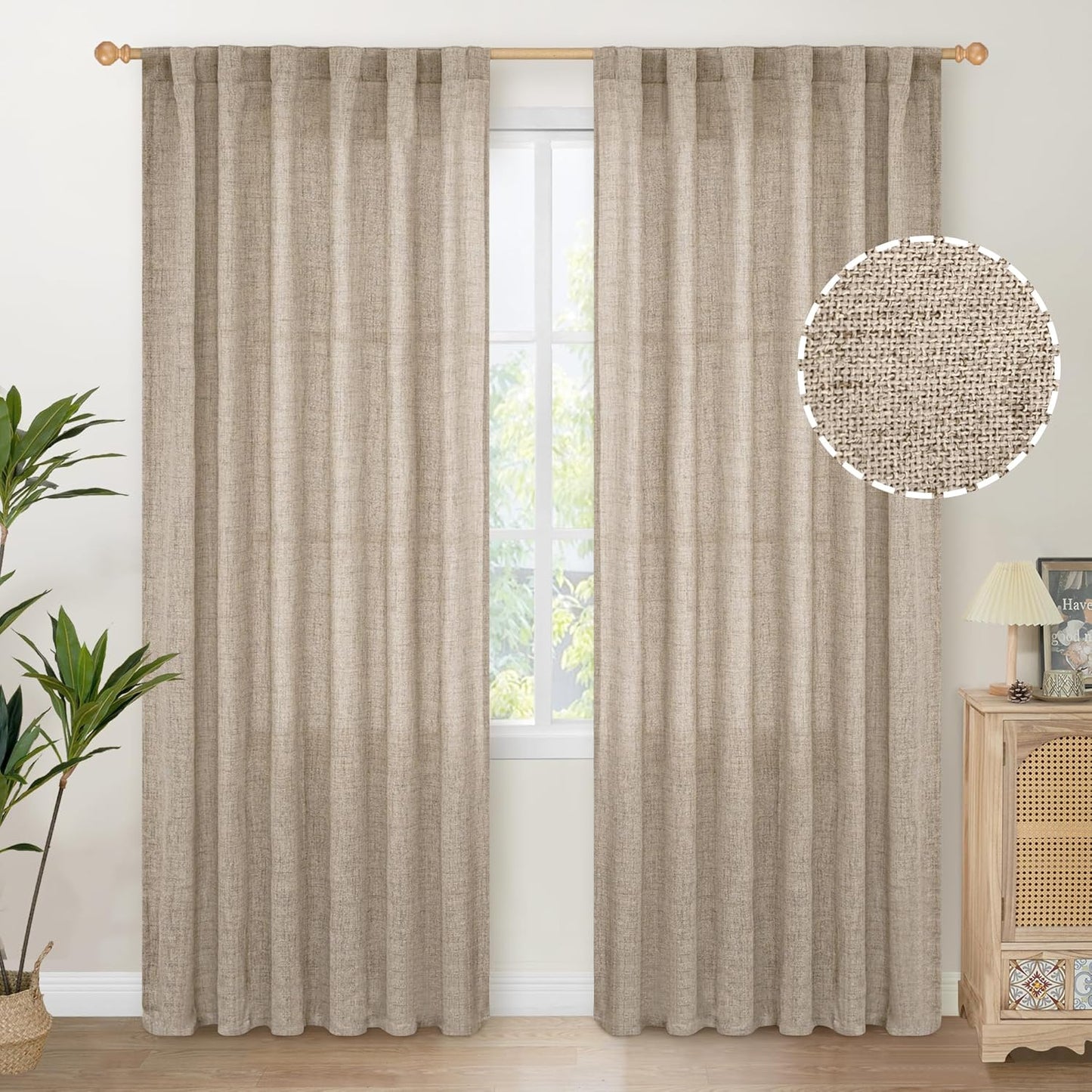 YoungsTex Linen Curtains 84 Inches Long for Living Room Farmhouse, Oatmeal Semi Sheer Drapes Light Filtering Textured Window Treatments with Back Tab Rod Pocket for Bedroom, 2 Panels,52 X 84 Inch