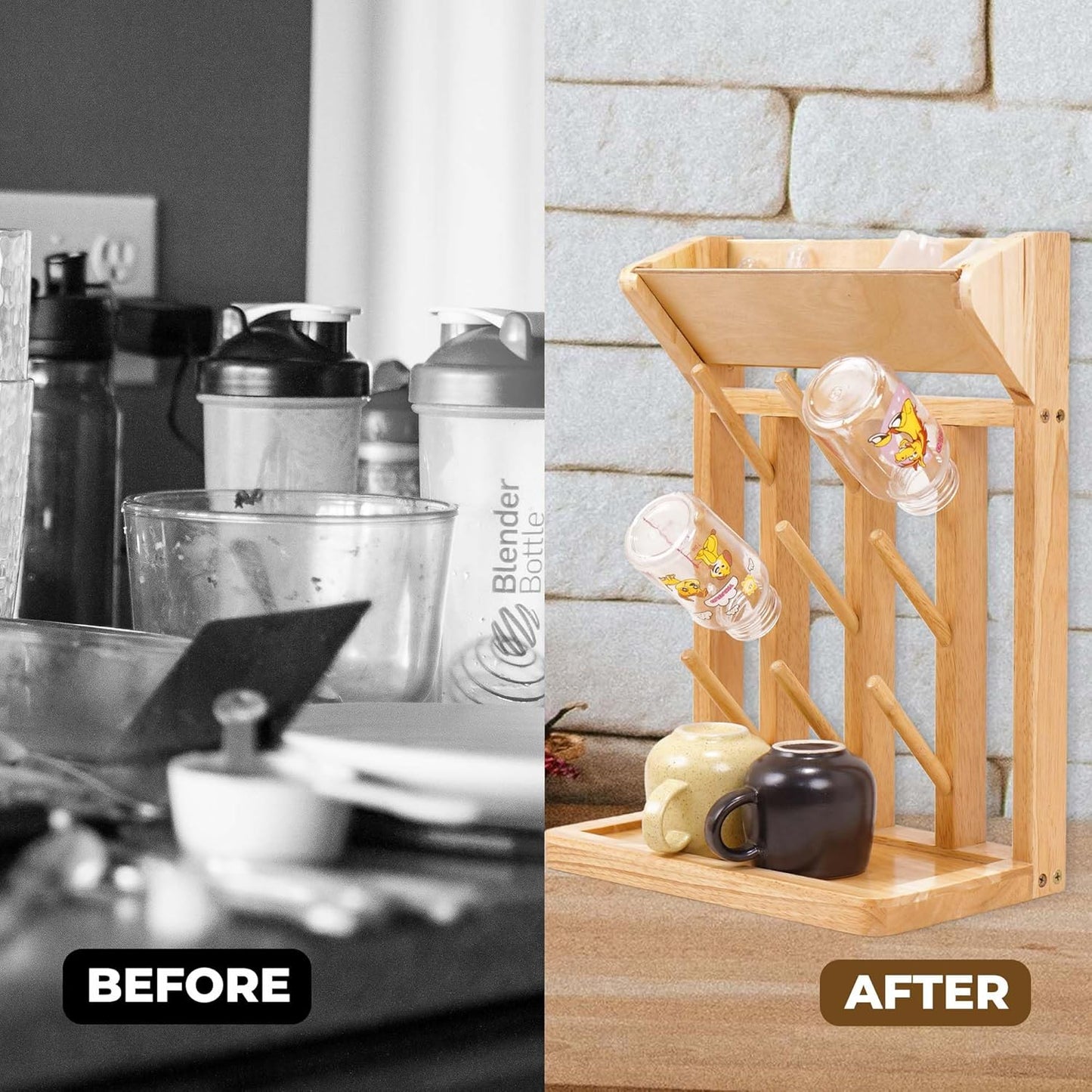 Natural Vertical Bottle Drying Rack Rubber Wood 9 Hooks, Use for Bottles, Cups, Mugs, Glasswine, Space Saving Storage Shelf Bottle Holder Dryer Kitchen