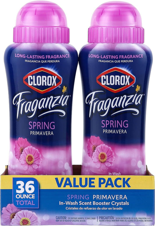 Clorox Fraganzia Laundry Scent Booster Crystals in Spring Scent - Scented In-Wash Freshener Beads for Fresh, Clean, Great Smelling Clothes and Linens, 18 Oz - 2 Pack