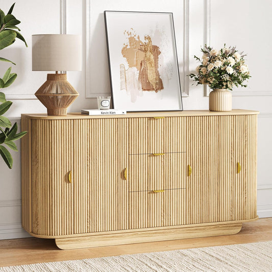 63" Tambour Dresser for Bedroom with 3 Drawers, Modern Chest of Drawers with Sliding Doors & 8 Shelves, Fluted Dresser Storage Organizer for Bedroom, Closet, Living Room(Natural)