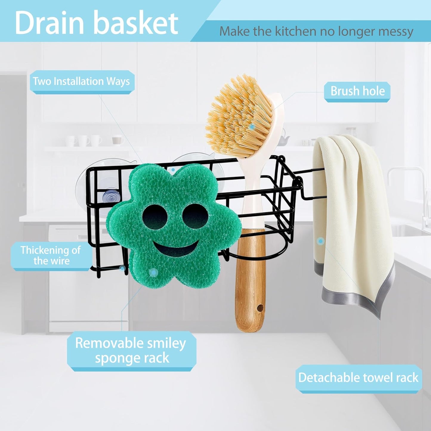 Sponge Holder Smile Face with Dish Cloth Hanger for Kitchen Sink, In-sink Caddy Organizer with Suction Cups & Adhesive Strips, Rustproof Sponge Rack for Soap, Brush, Scrubber - Black