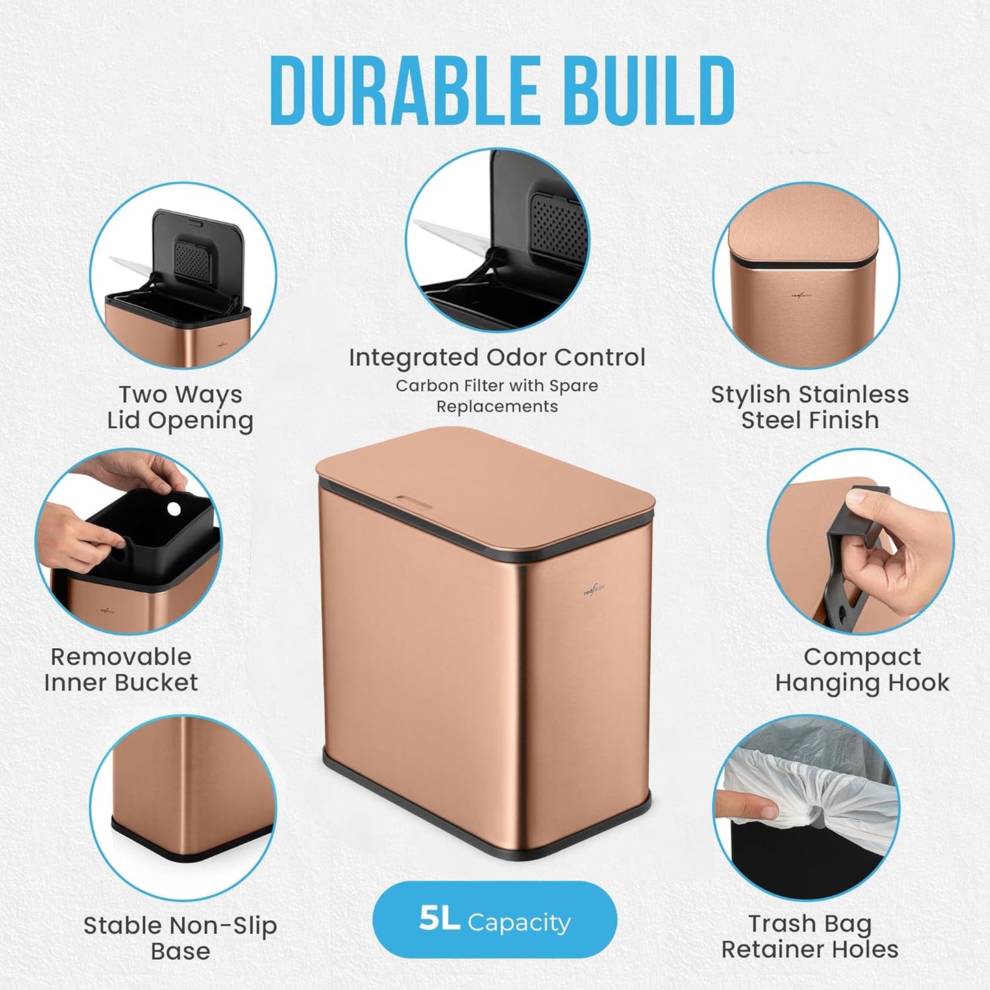 RedFactor Stainless Steel Hanging Trash Can with Lid and Inner Bucket – Slim 1.3 Gallon Odor-Free Compost Bin for Kitchen Cabinet, Countertop, Under Sink, or Bathroom (Copper)