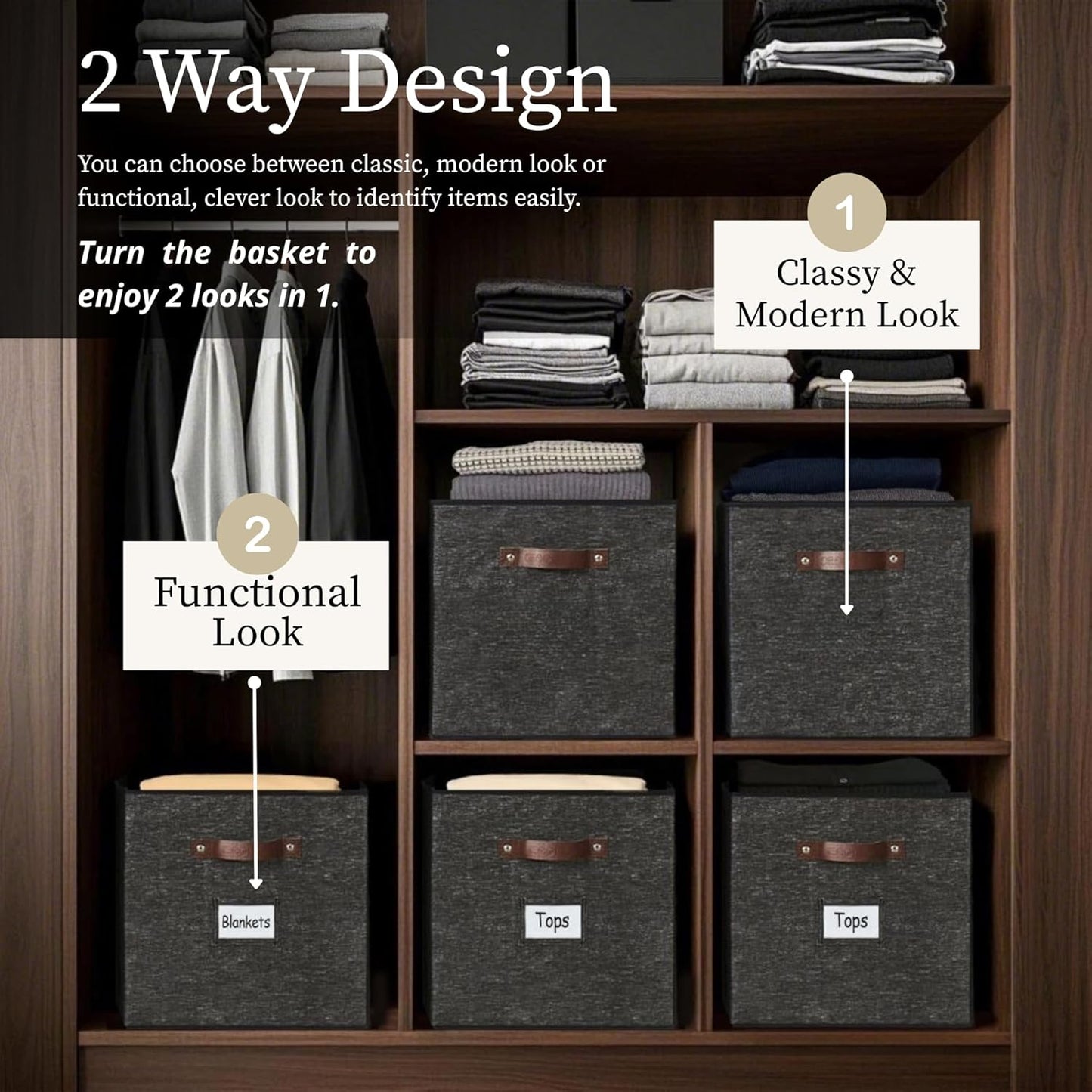 DECOMOMO Storage Bins, Cube Storage Bin with Labels, Fabric Storage Cubes for Shelves (10.5" x 11" / 6pcs, Black Pattern)