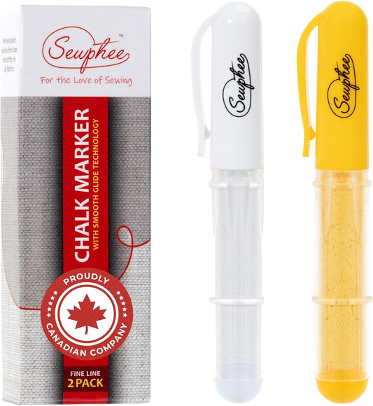 Fabric Markers for Sewing – Ergonomic Tailors Chalk Pen with Improved Dosing Wheel for Sharp Lines - Washable Sewing Chalk Marking Pens that are Compatible with Most Fabrics - White and Yellow 2 Pack