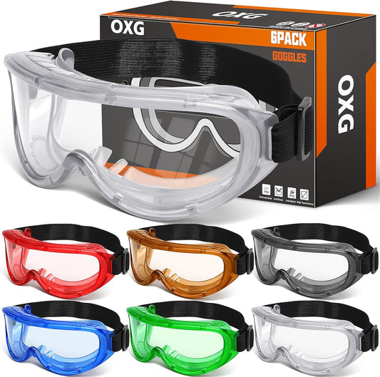 OXG 6 Pack Protective Safety Goggles Anti-Fog, Adjustable Chemical Splash Eye Protection Science Lab Goggles for Women Men