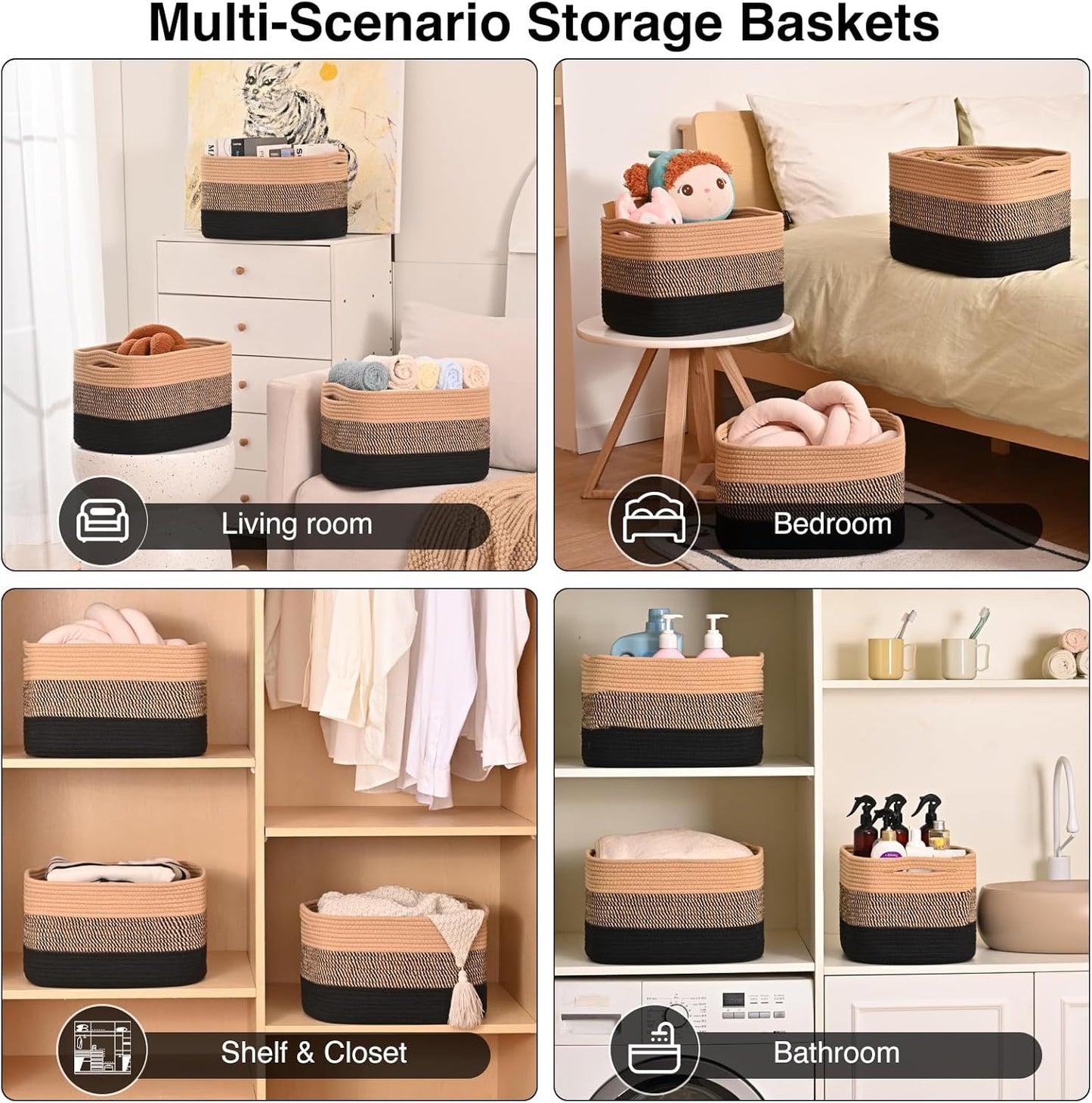 Storage Baskets for Organizing Shelves, Decorative Baskets for Storage, Woven Cotton Rope Basket for Living Room Bedroom Nursery, 15"x11"x9.5", 3 Packs, Gradient Black & Jute