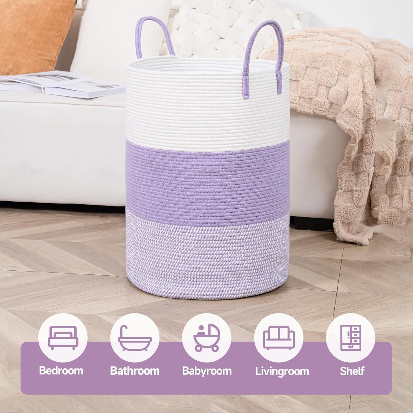 CLHMILY&Z 80L Laundry Basket Round Storage Rope Basket - 16.5x22.5 Inches - Lavender Hamper in Bedreoom and Cute Storage Bin for Blankets, Toys, and Nursery Essentials